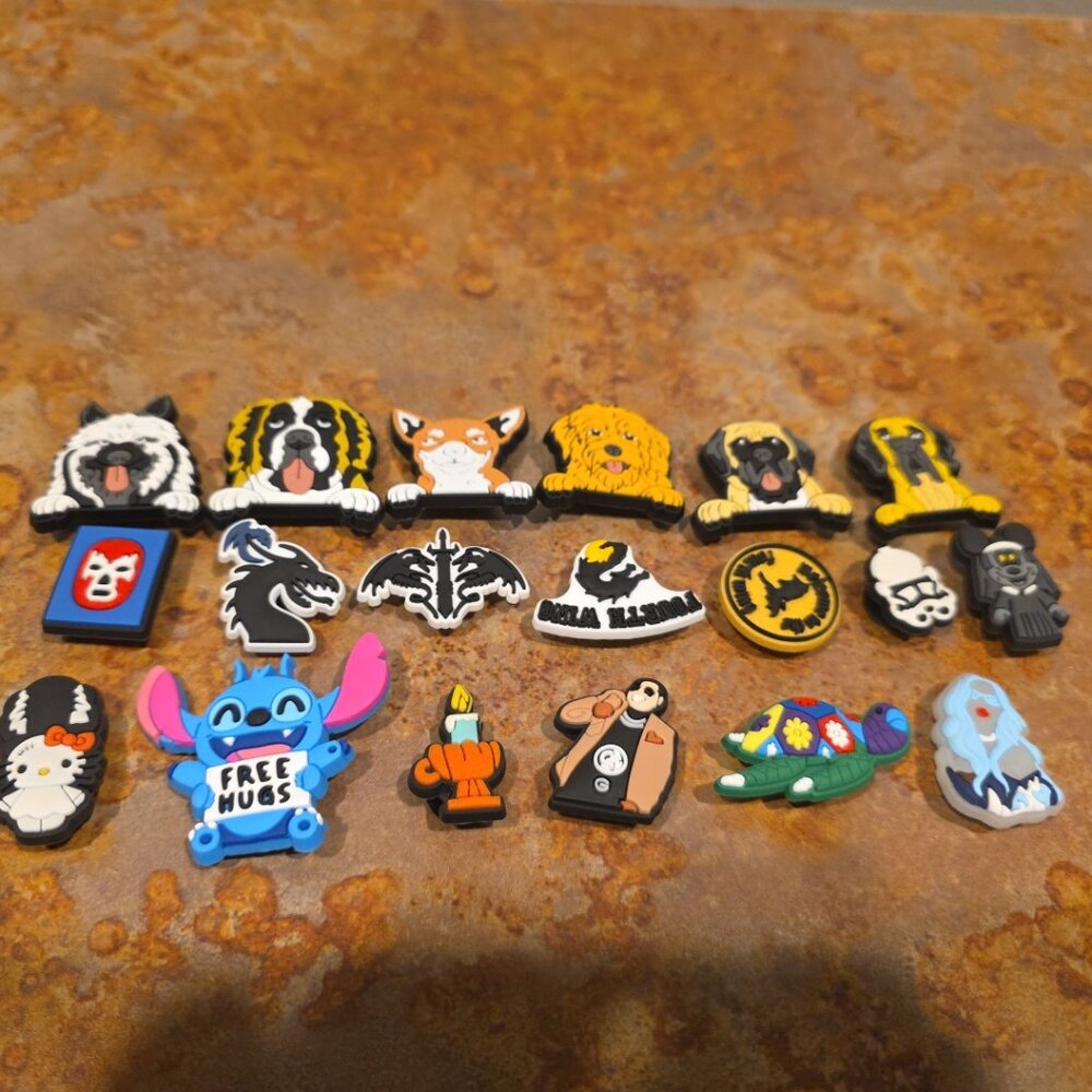 Lot Of 19 Croc Jibbitz Silicon Charms - Disney, Dogs, Fourth Wing, Halloween